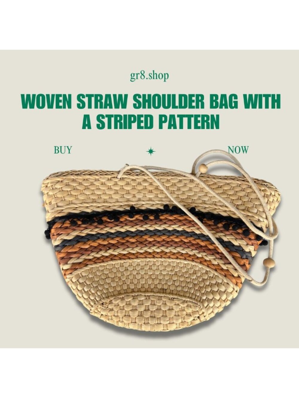 Woven Straw Shoulder Bag With Striped Pattern & Drawstring Closure